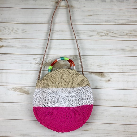 J.Crew Summer Neon White Pink Straw Color Block Crossbody Purse Shoulder Bag - Picture 8 of 15